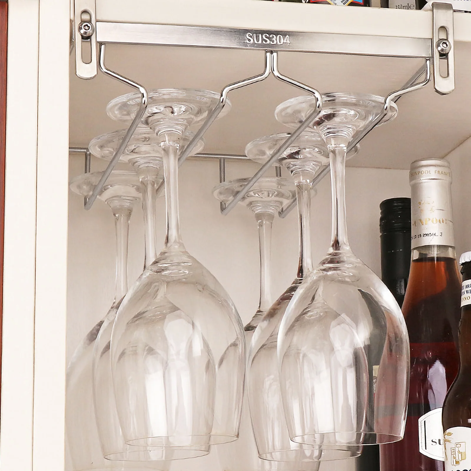 

1Pcs Stainless Steel Double Rows Wine Glass Holder No Drilling Design Adjustable Rack Storage Holder for Wine Bottles Goblets