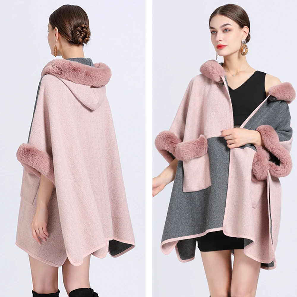 Women Rex Rabbit Faux Fur Shawl Lady Cashmere Feel Woolen Coat Winter Elegant Hoodie Wrap Luxury Warm Overcoat Cloak with Pocket