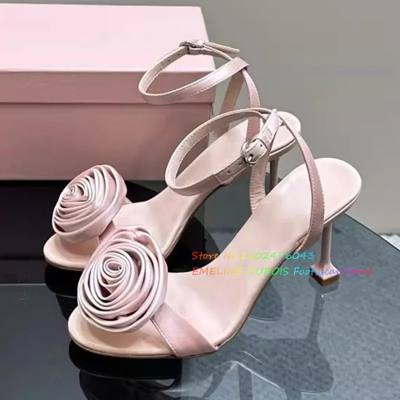 French Exquisite Rose Blossom High Heels Women Luxury Pink Silk Peep Toe Strange Heel Elegent Buckle Strap Dress Sandals 10cm