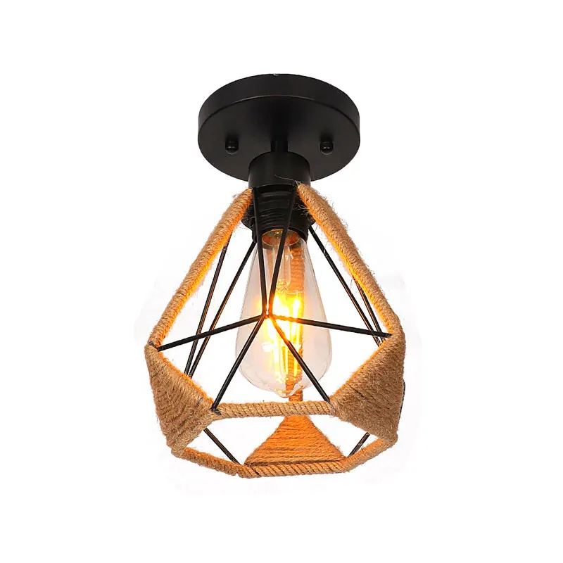 Retro Iron Ceiling Light Single Head E27 Diamond Cage Corridor Light Restaurant Homestay Bedroom Hemp Rope Ceiling Lamp