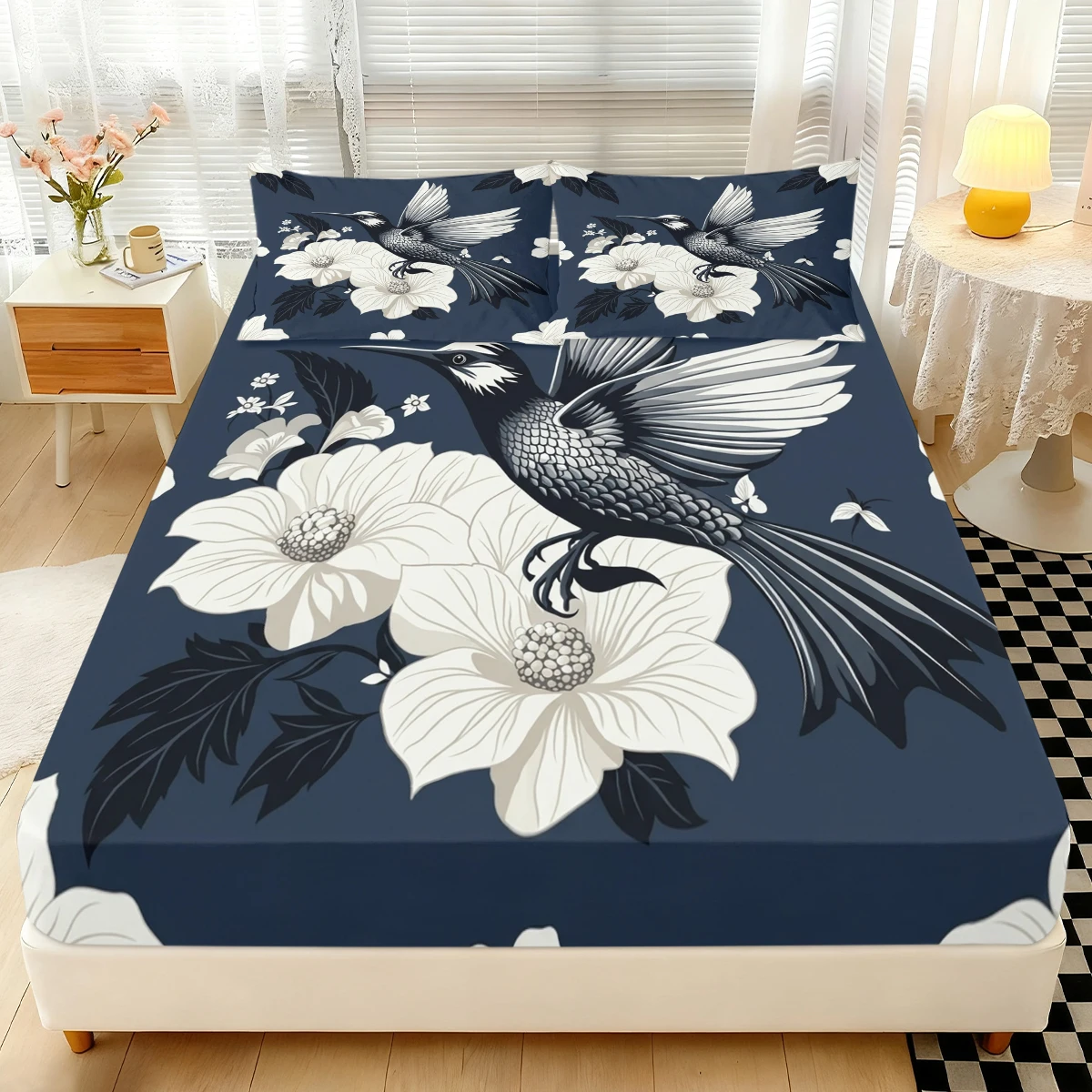 Navy Blue Botanical Hummingbird Fitted Sheet 3PCS, Floral Elastic Mattress Cover with Pillowcases, Vintage Bedroom Bedding