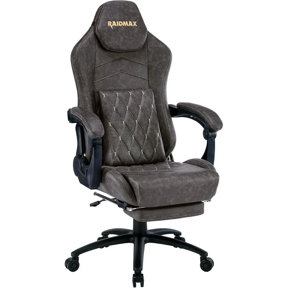 Oversized High-Back Swivel Gaming Chair with Lumbar Support, Gray Marble Distressed Leather, Adjustable with Footrest