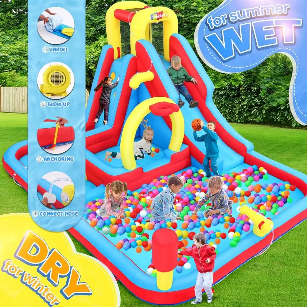 Iatable Water Slide Obstacle Course for Kids Backyard Blow Up Water Park with 3 Intctive Aqua Hurdles, Deep Pool with Sp
