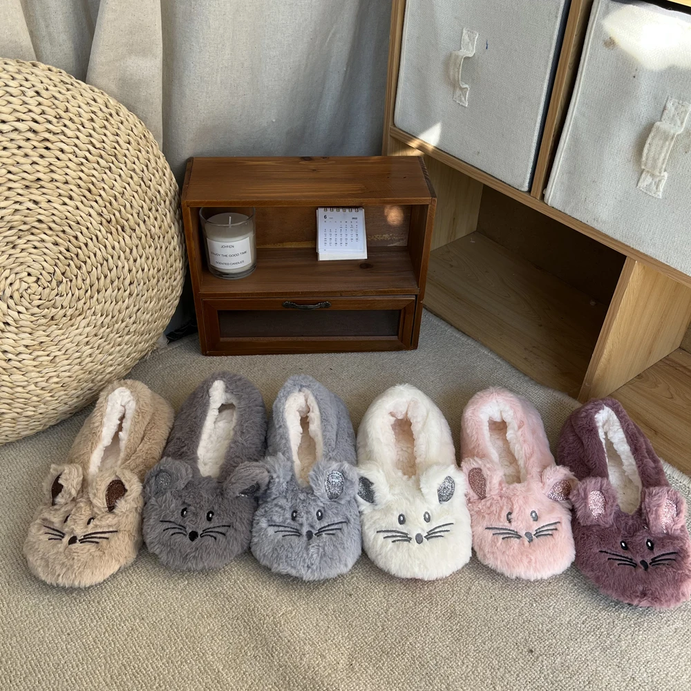 fluffy  Slipper Women Winter Non Slip Grip Indoor Fur Contton Warm Plush Home Lazy Female Mouse Ears Embroidery Fuzzy Shoes 2024