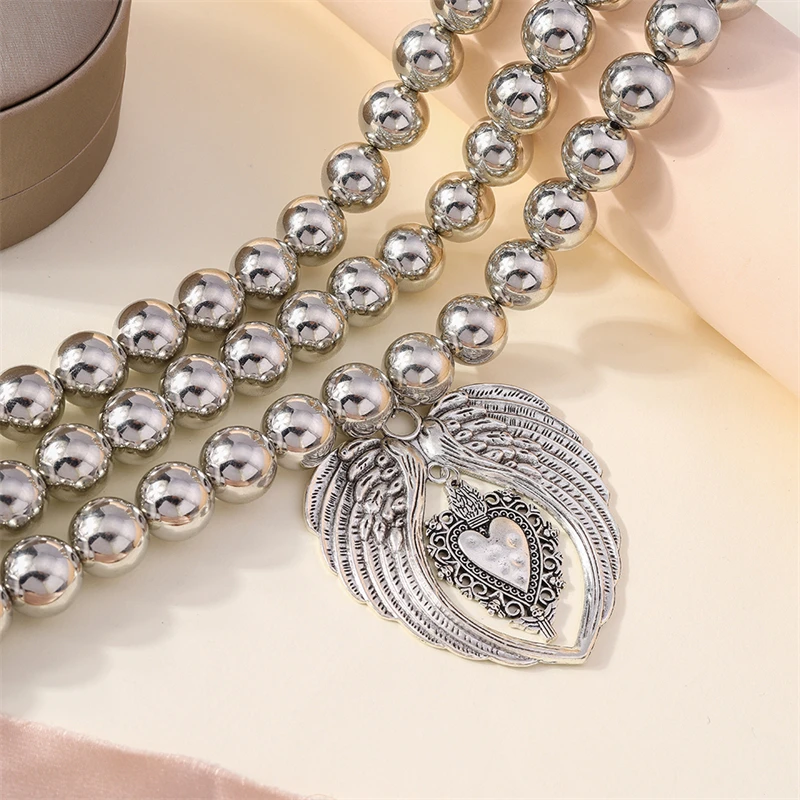 Punk Übertriebene Handgemachte Perlen Halskette für Frauen Metall Flügel Herz Anhänger Choker Halskette Mädchen Party Festival Schmuck Geschenke – Detail 8