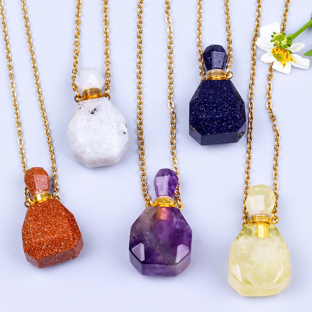 Natural Quartz Reiki Healing Amethyst Necklace Faceted Essential Oil Perfume Bottle Pendant Aromatherapy Jewelry