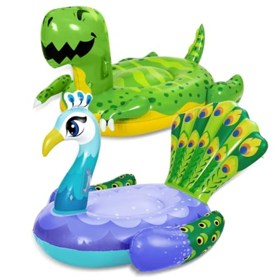 Swim party pool floats set: inflatable dinosaur and peacock shapes PVC material vibrant multicolor ultra-durable for adults and