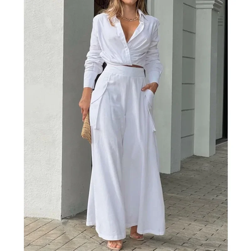 Two Piece Set Women Vintage Boho Print Shirt Commuter Wide Leg Pants Summer Casual Loose Suits Work Streetwear Y2k 2023 Outfits