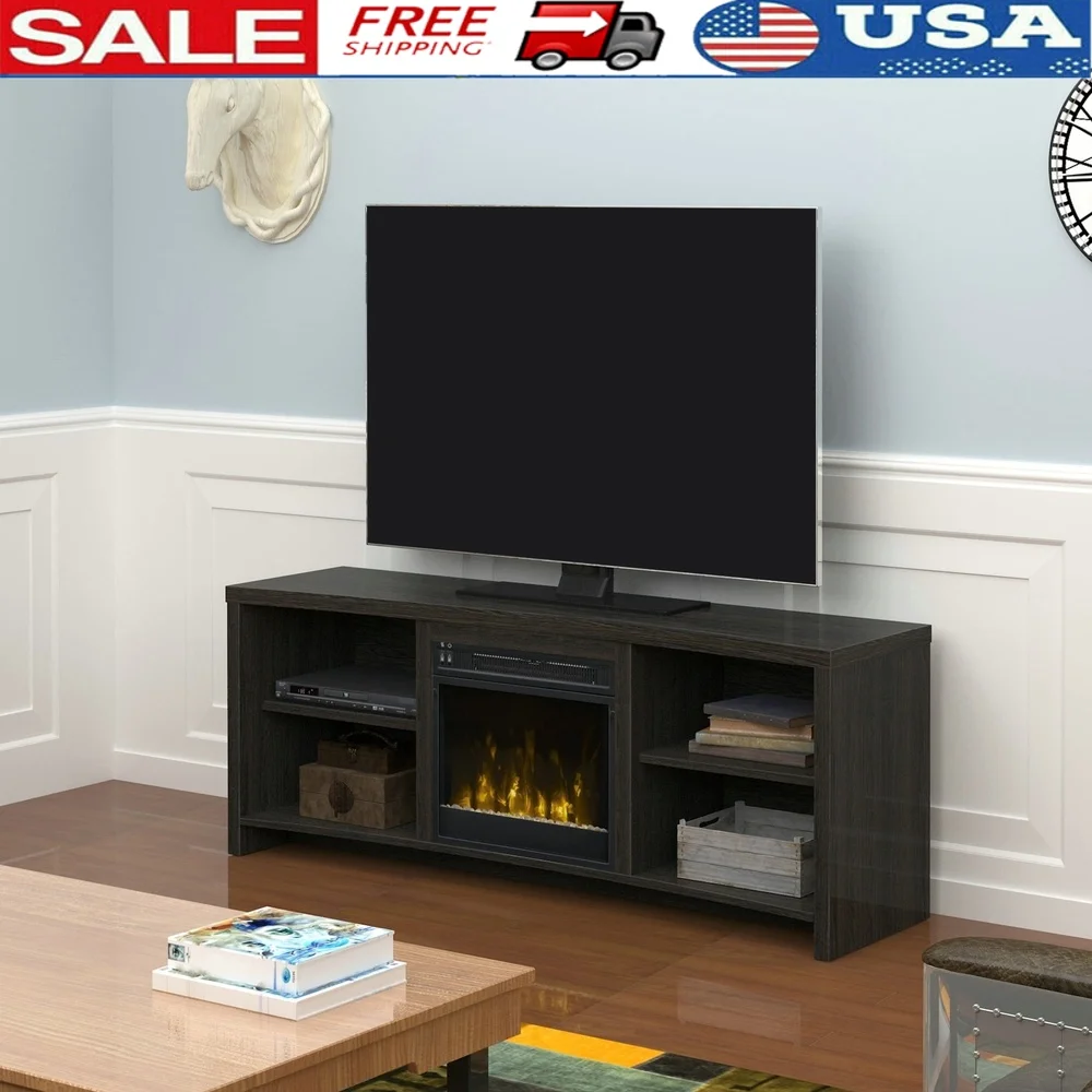 

Electric Fireplace TV Stand 65 Inch TV Open Shelves Adjustable Storage Cable Management LED Flame Effect MDF Black Walnut