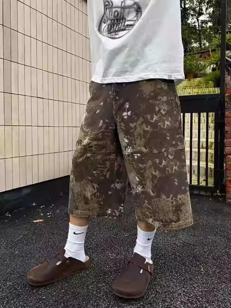 

Serpentine Camouflage Pattern Baggy Shorts Women Streetwear High Waist Oversized Denim Pants Summer Wide Leg Calf-length Pants