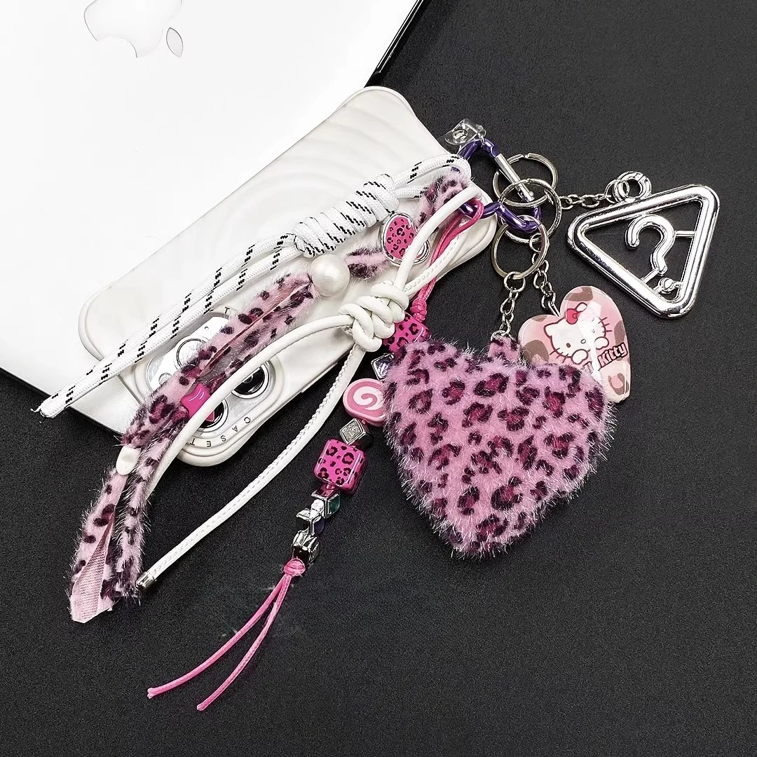 مرحبا كيتي المفاتيح اليدوية حقيبة قلادة ليوبارد القلب أفخم دمية على ظهره سماعة حقيبة اكسسوارات الديكور للنساء الفتيات