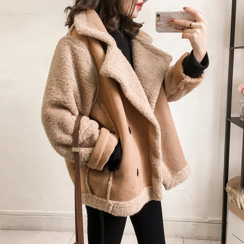 Lamb-wool Spliced Single-breasted Lapel Jacket, Autumn and Winter New Korean Version of Loose Long-sleeved Jacket Tide Women