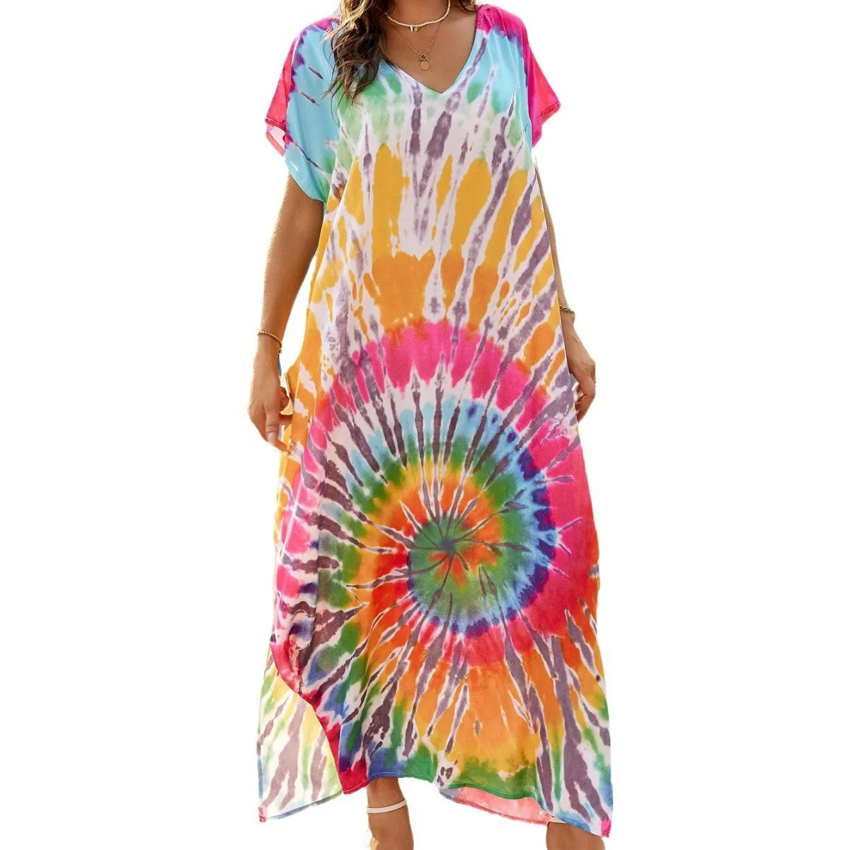 Multicolored Kaftan Bohemian Printed Bikini Cover Up V-neck Batwing Short Sleeve Maxi Dress Women Beachwear Beach Dress Robe