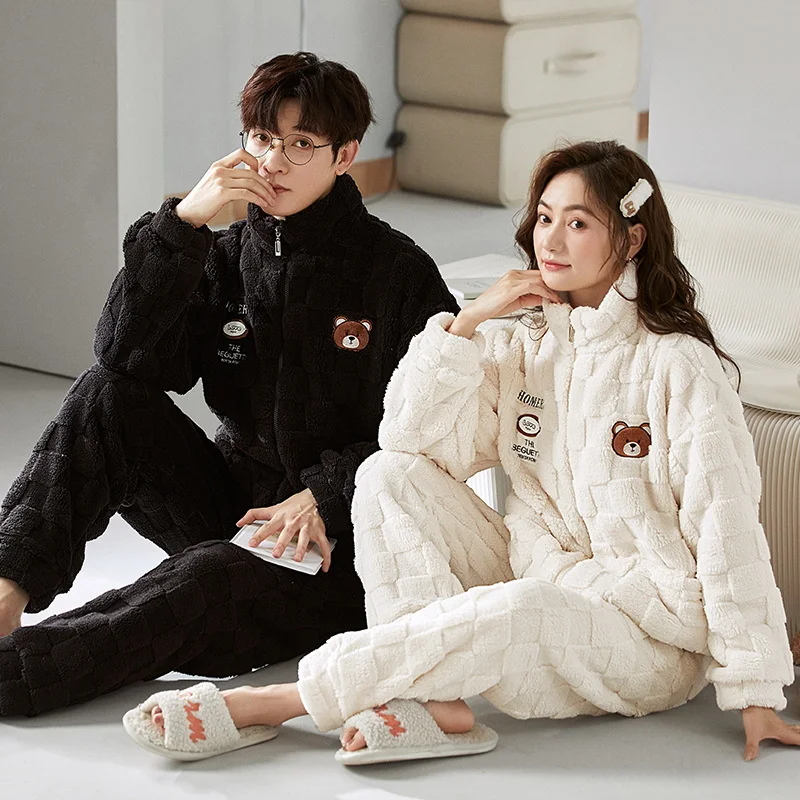 Couple Winter Flannel Pajamas Long-sleeved Coral Velvet Warm Men\'s Pajamas Set Cardigan Zipper Korean Home Wear