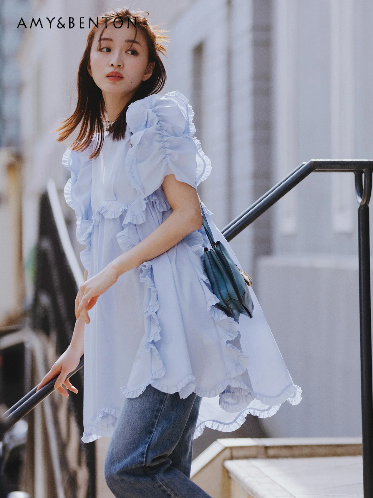 

Japanese Sweet Cute Puff Sleeve Ruffled Mid-Length Shirt Women Summer French Graceful Socialite Pure Color Loose Casual Shirts