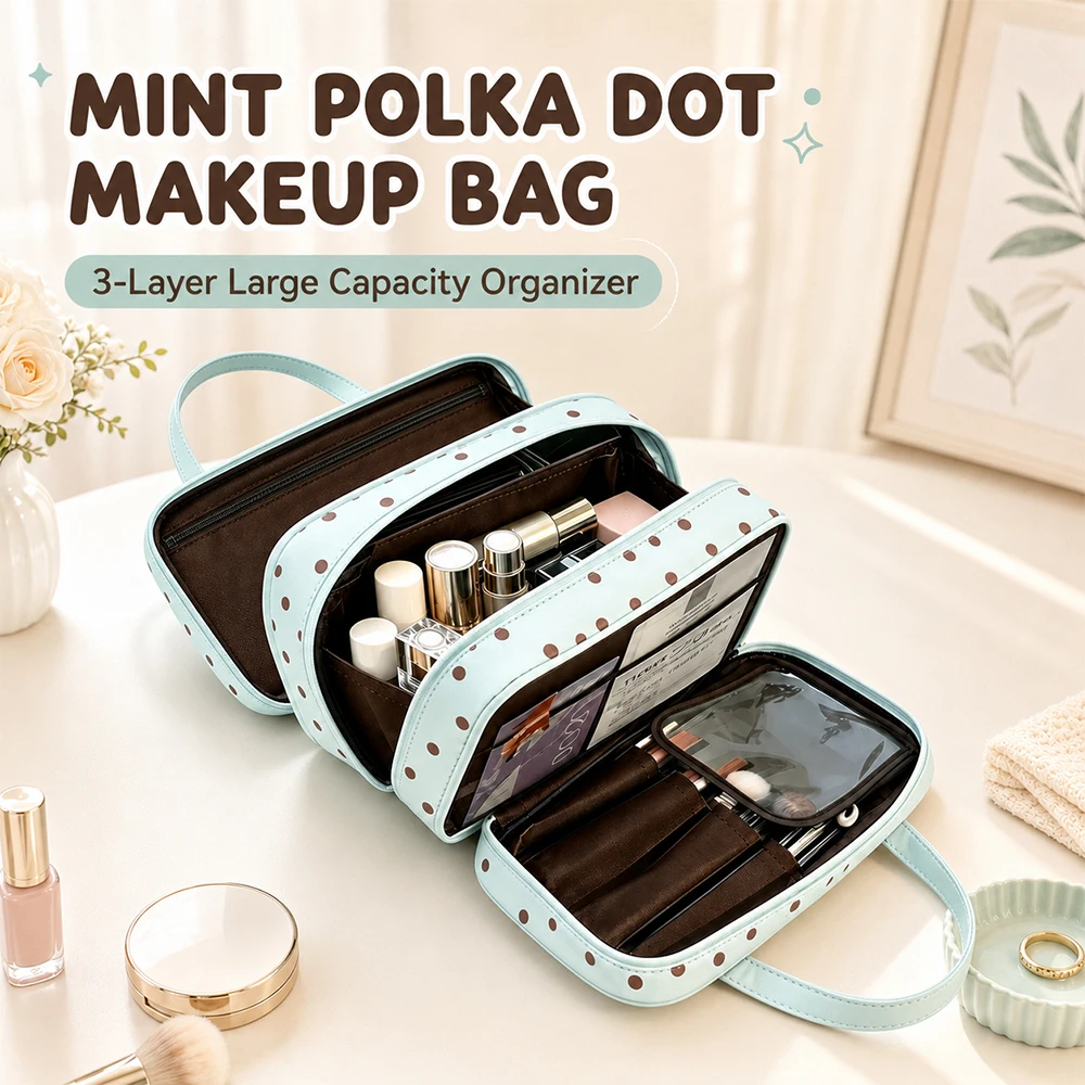 Cute Polka Dot Makeup Bag, Large-capacity Travel Toiletry Bag, 3-Tier Multi Pocket Cosmetic Bag for Skincare Cosmetic Brushes