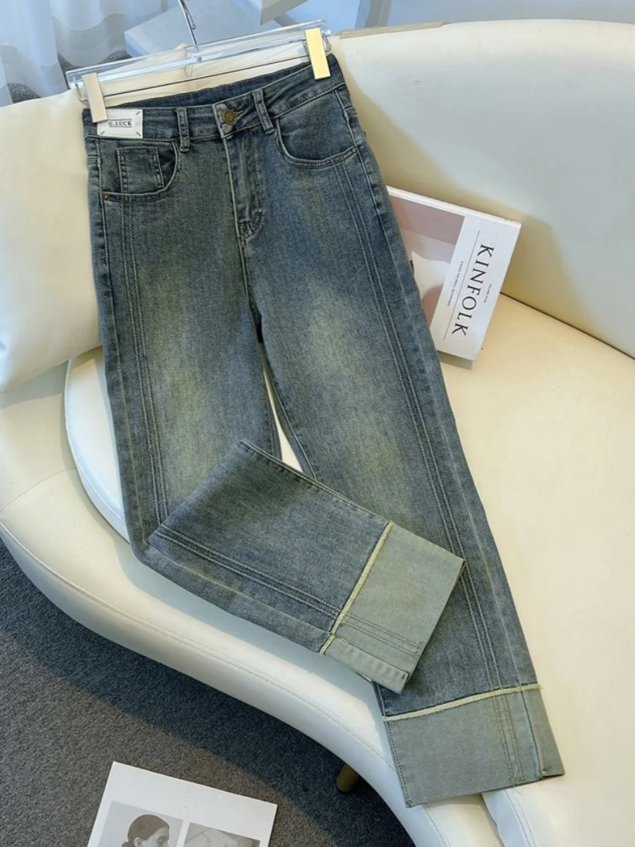 

plus Size 300 Pou Straight Leg Elastic Denim Jeans Men's Summer American Retro Loose Casual Cuffed Nine Point Pants