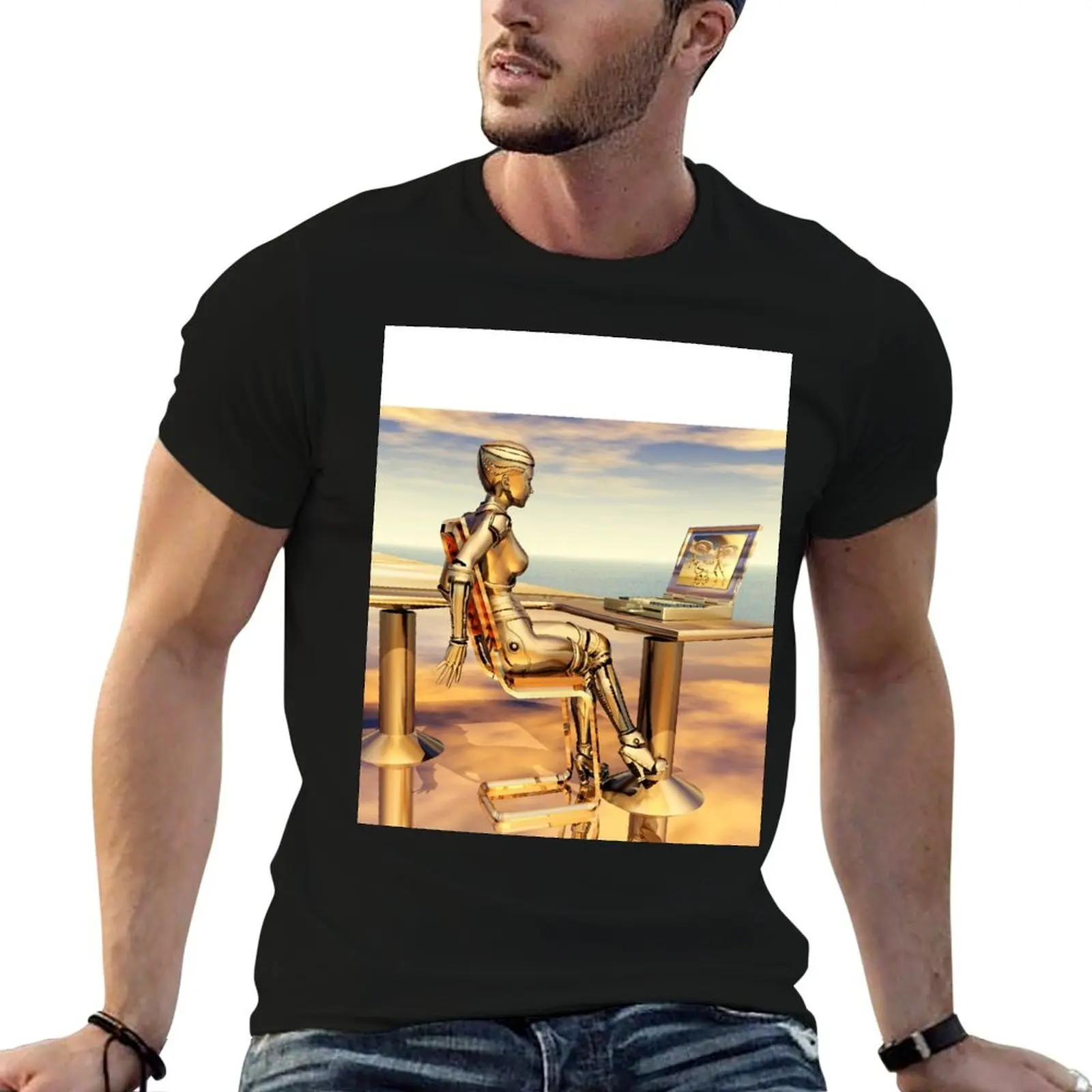 Female robot with a laptop T-Shirt Industrial Work Tee Shirt