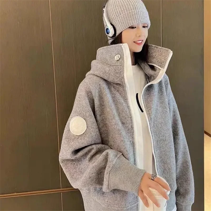 Autumn Winter Sporty Hooded Coat Women 2024 New Fashion Loose Casual Jacket Stand-Up Collar Zipper Thicken Outerwear Female