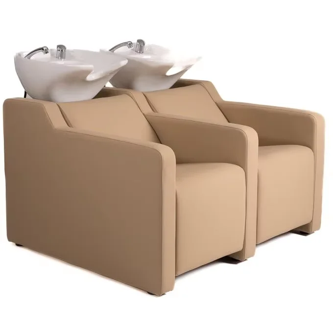 Modern style PU leather spa salon shampoo chair with ceramic basin, adjustable foot pedal, double seat, professional commercial