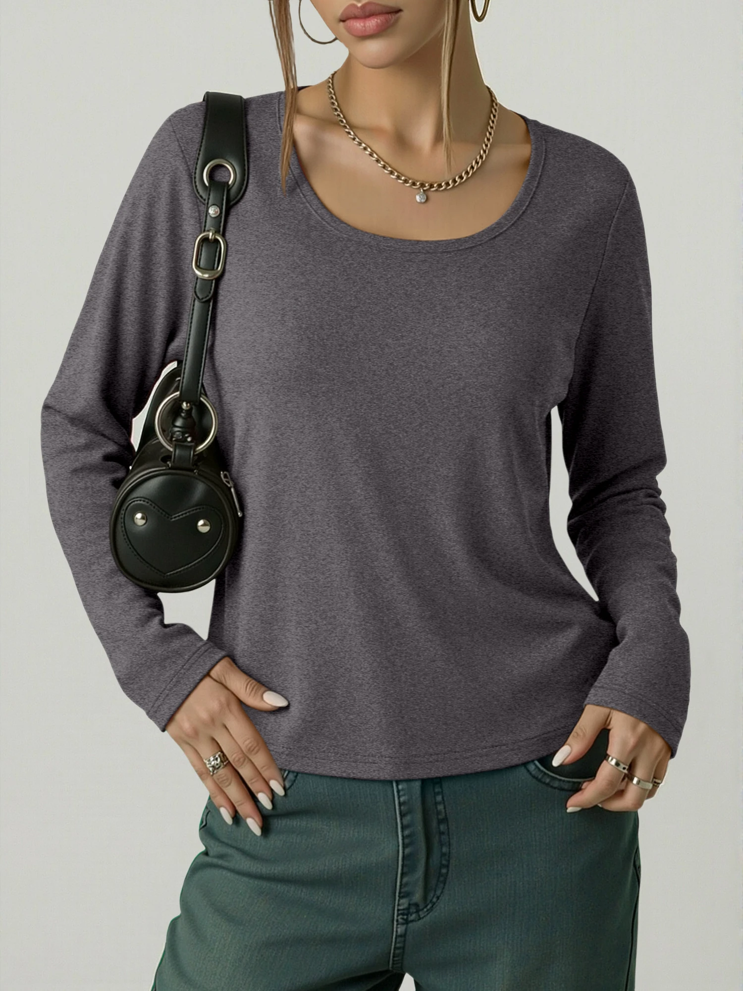 Modern Sleek U‑Neck Long‑Sleeve Top, Close‑Fitted Basic for Street Style & After‑Dinner Hangouts