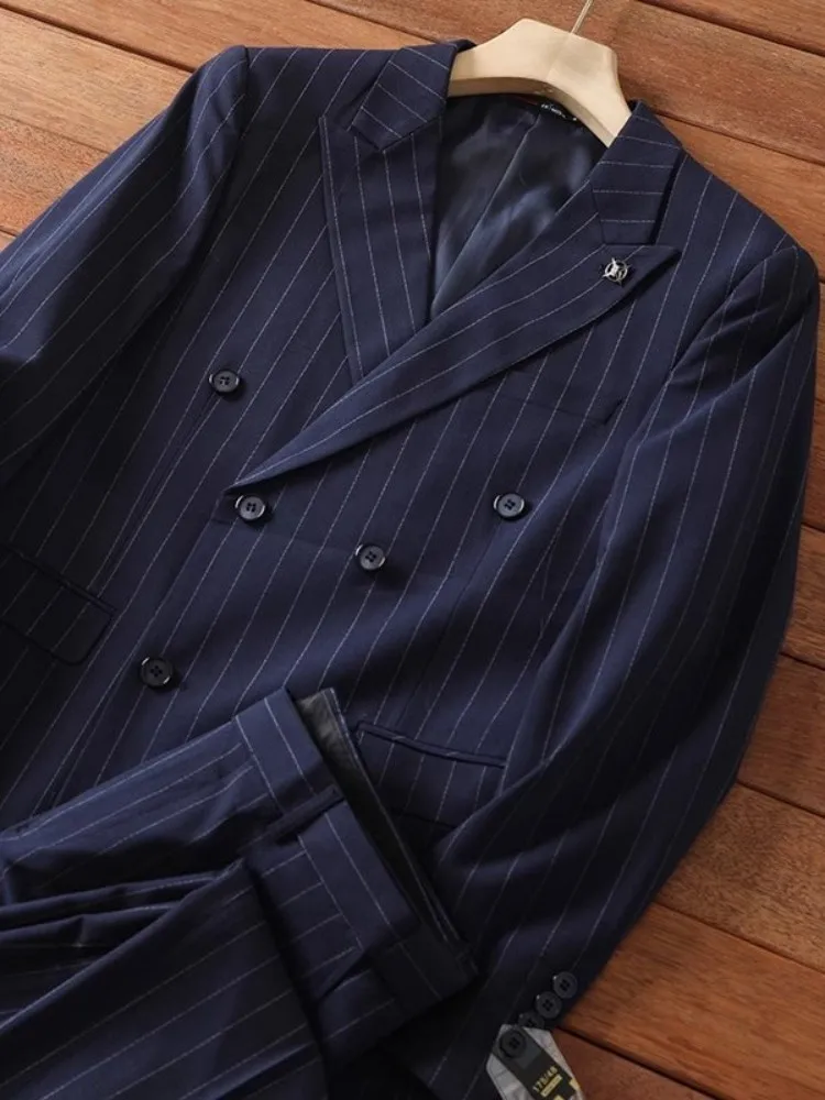 Fashion Business Casual Mens Two Piece Set Classic Double Breasted Blazers Jacket Straight Pants Office Men Striped Suits Set
