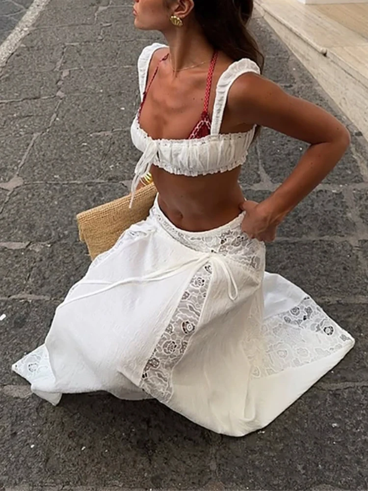 Top corto sexy scava fuori con scollo all'americana e mezze gonne Set bikini da spiaggia sottile nuovo estivo Set elegante da donna in tinta unita per le vacanze in due pezzi