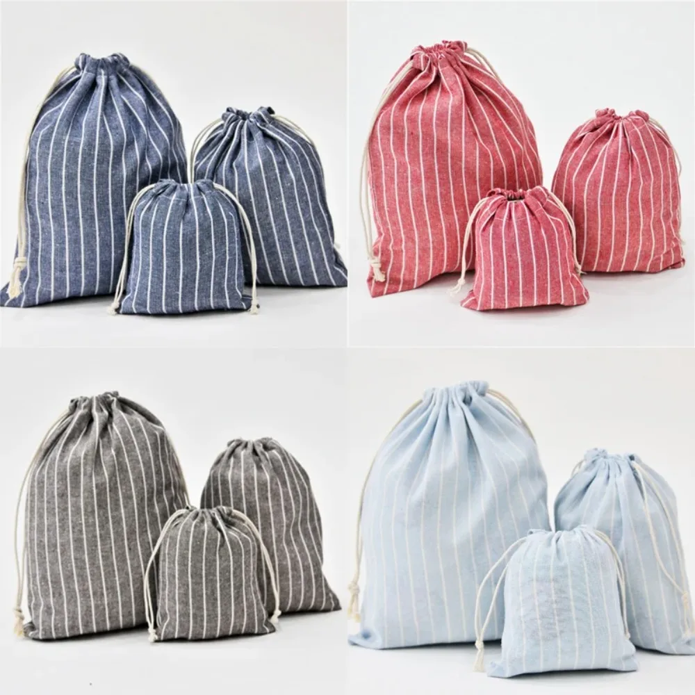 3pcs/set Stripe Cosmetic Drawstring Makeup Bag Travel Organizer Storage Pouch Cotton Blue Red Brown Line Jewelry Party Bags