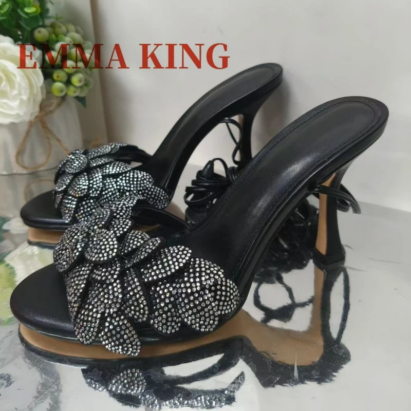 أسود كريستال المفتوحة تو صندل كعب عالٍ حجر الراين ديكور خنجر الدانتيل متابعة الصنادل ملهى ليلي مرحلة الصيف الاتجاه الأحذية النسائية #2