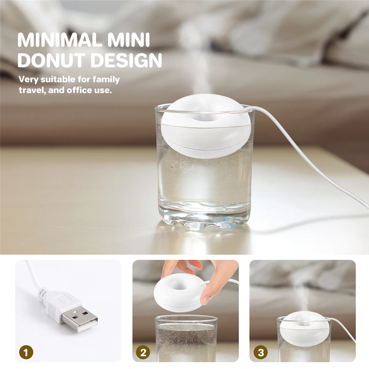 Umidificador Donut Branco para Desktop de Escritório, Mini, Portátil, Criativo, Purificador De Ar, USB