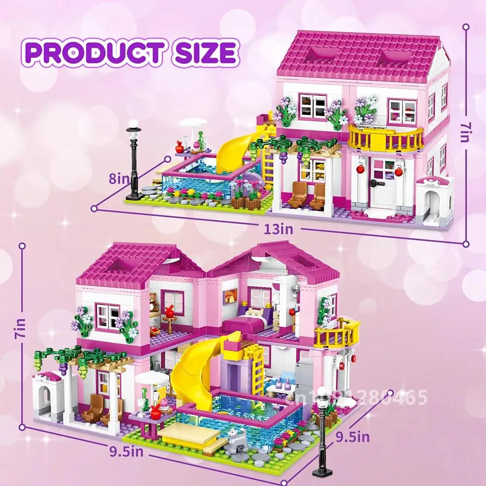 Cidade rua vista casa férias de verão villa castelo bloco de construção meninas série piscina tijolos diy montado brinquedos crianças presente