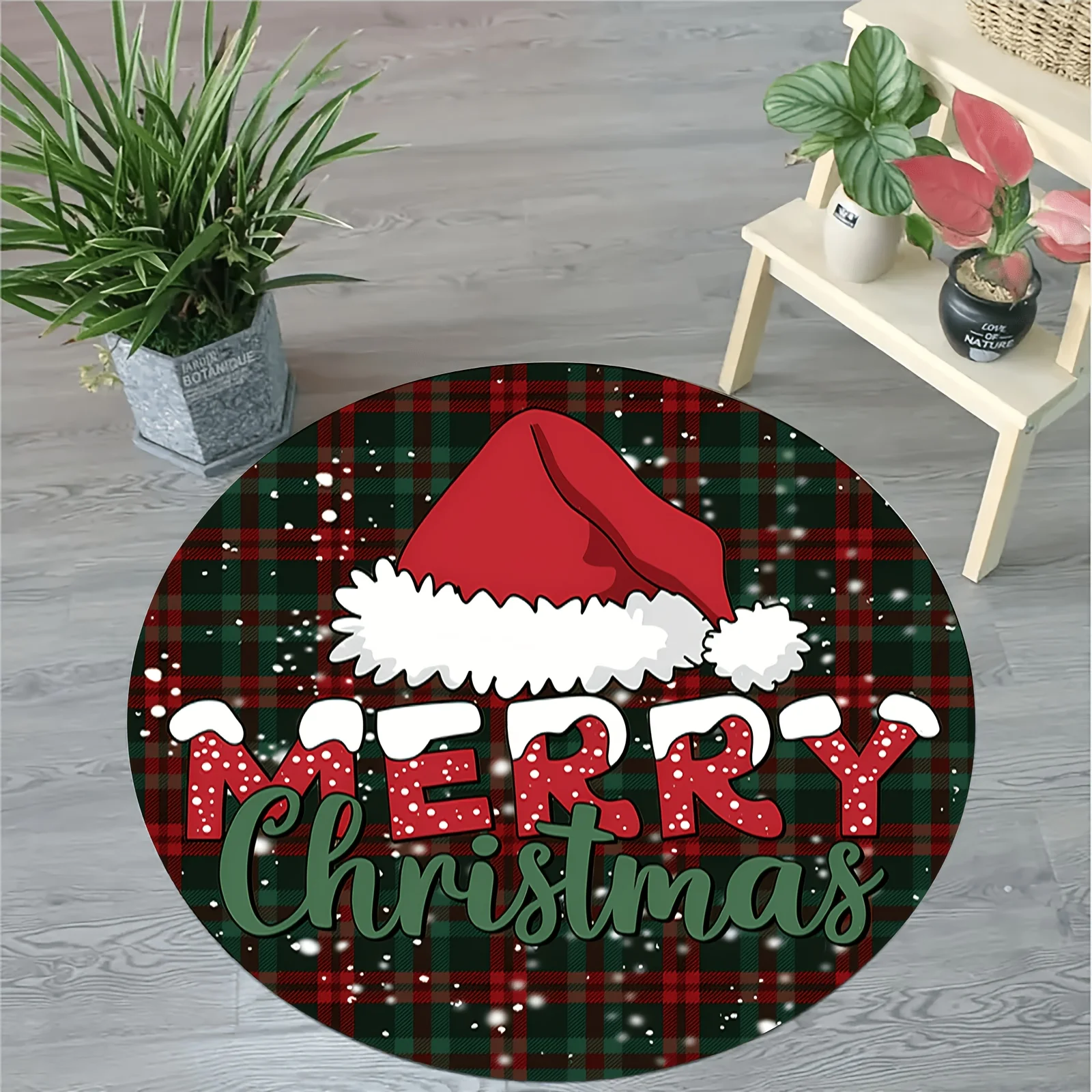1pc Round Christmas Hat Letter Plaid Printed Area Rug, 2D Flat Print Floor Mat for Living Room, Bedroom, Chair,Sofa,Coffee Table