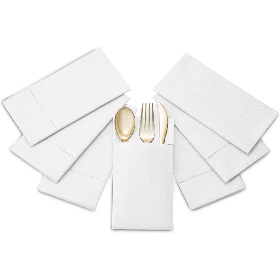50 عبوة من مناديل العشاء من LinenFeel مع جيب أدوات مائدة مدمجة من القماش الأبيض المطلي مسبقًا مثل المناديل الورقية لعشاء الزفاف أو Pa