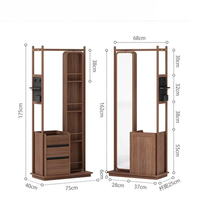Black walnut all solid wood coat rack floor-to-ceiling bedroom full-body mirror household full-length mirror integrated hanger