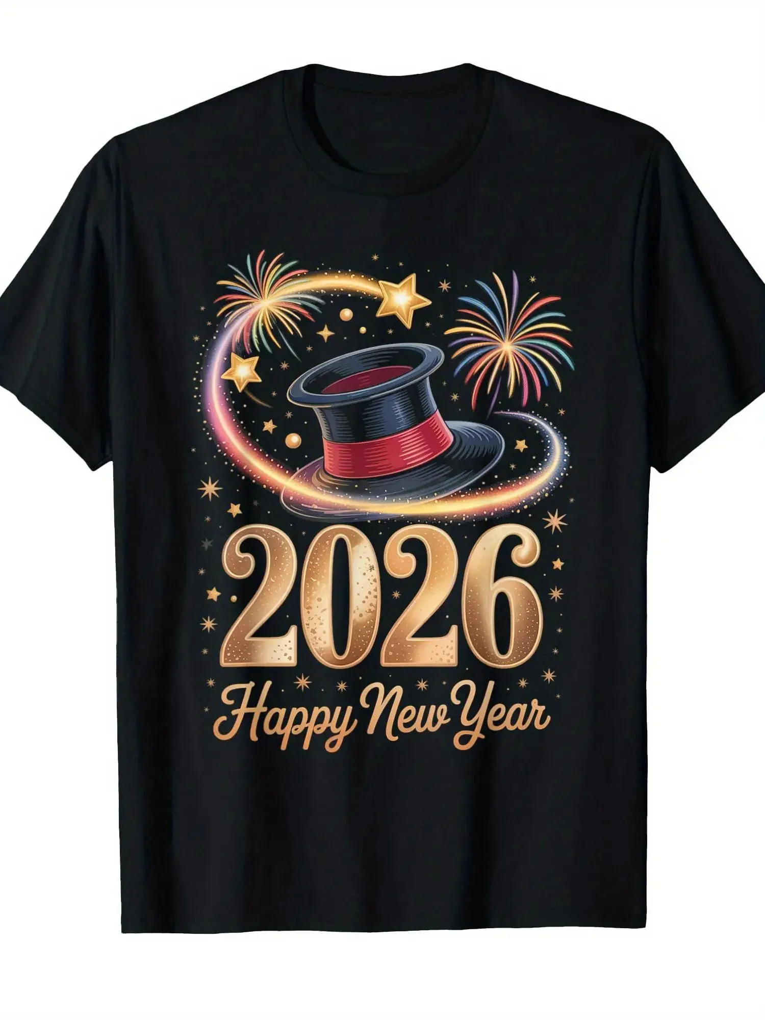 

2026 Happy New Year Magician Top Hat Graphic Men's Cotton T-Shirt Short Sleeve Crewneck Tee