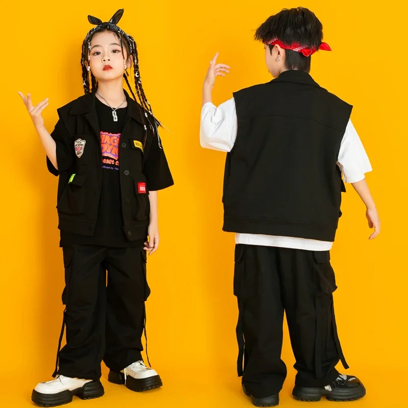 Kids Kpop Outfit Hiphop Kleding Zwart Mouwloos Jasje Vest Casual Street Cargo Broek Voor Meisjes Jazz Dans Kostuum Kleding