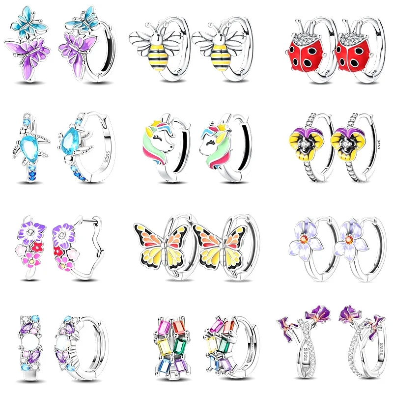 100% 925 Sterling Silver Colorful Butterfly Bee Ladybug Rainbow Flower Earrings For Women Fashion Birthday Party Jewelry Gifts