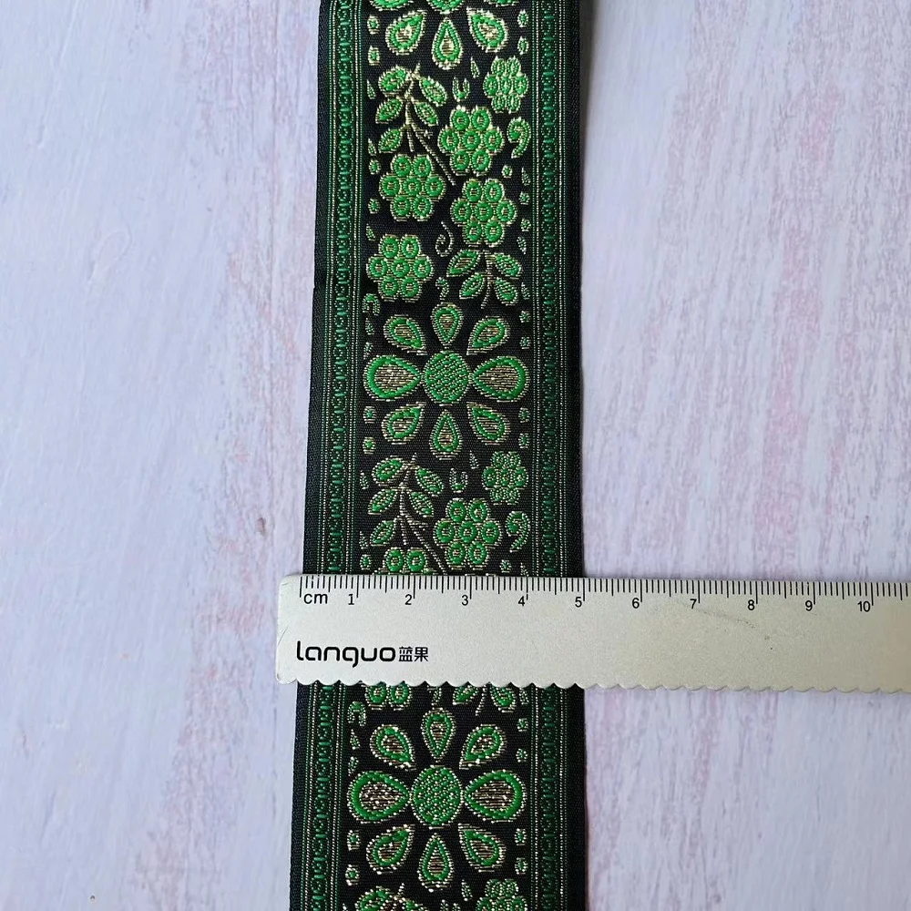 10yards/lots Woven Jacquard Ribbon 5cm  black background green flowers pattern IS-2934