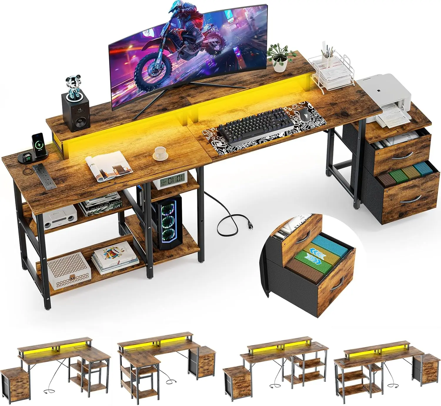 

69.3" Home Office Desk with Storage, Reversible L Shaped Computer Desks, Corner Gaming Office Desk with 2 File Drawers&Power Ou