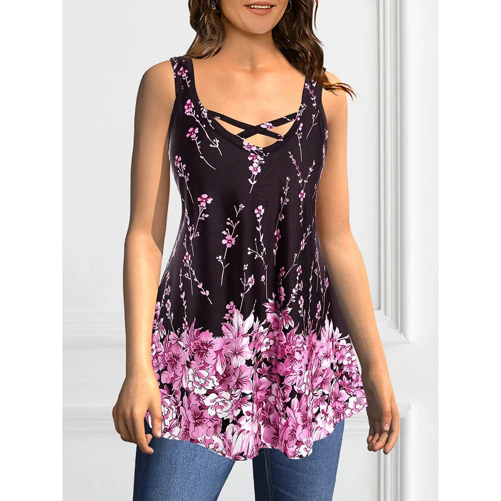 

Plus Size Sexy Cross Lace-up V-Neck Women’s Vest T-Shirts Floral Printed Slim Fit Summer 2025 New Beach Vacation Female Top Tees