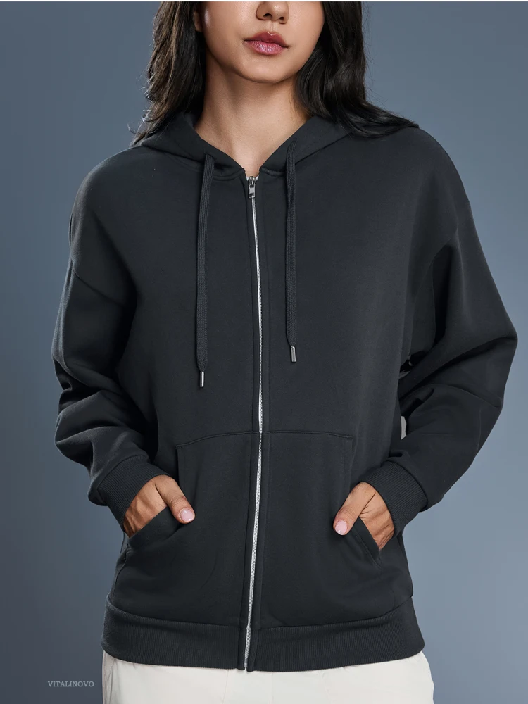 VITALINOVO Damen-Herbst-Kapuzenpullover mit Reißverschluss, Sweatshirts, Fleece-gefütterte Winterjacke mit Kapuze und Kordelzug, locker sitzende Trainingsjacken, Oberteil – Detail 1