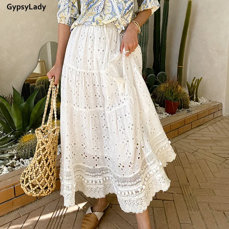 Gypsylady 100% algodão branco saia plissada boho casual verão feminino saias longas ilhós oco para fora babados senhoras chic saia 2022