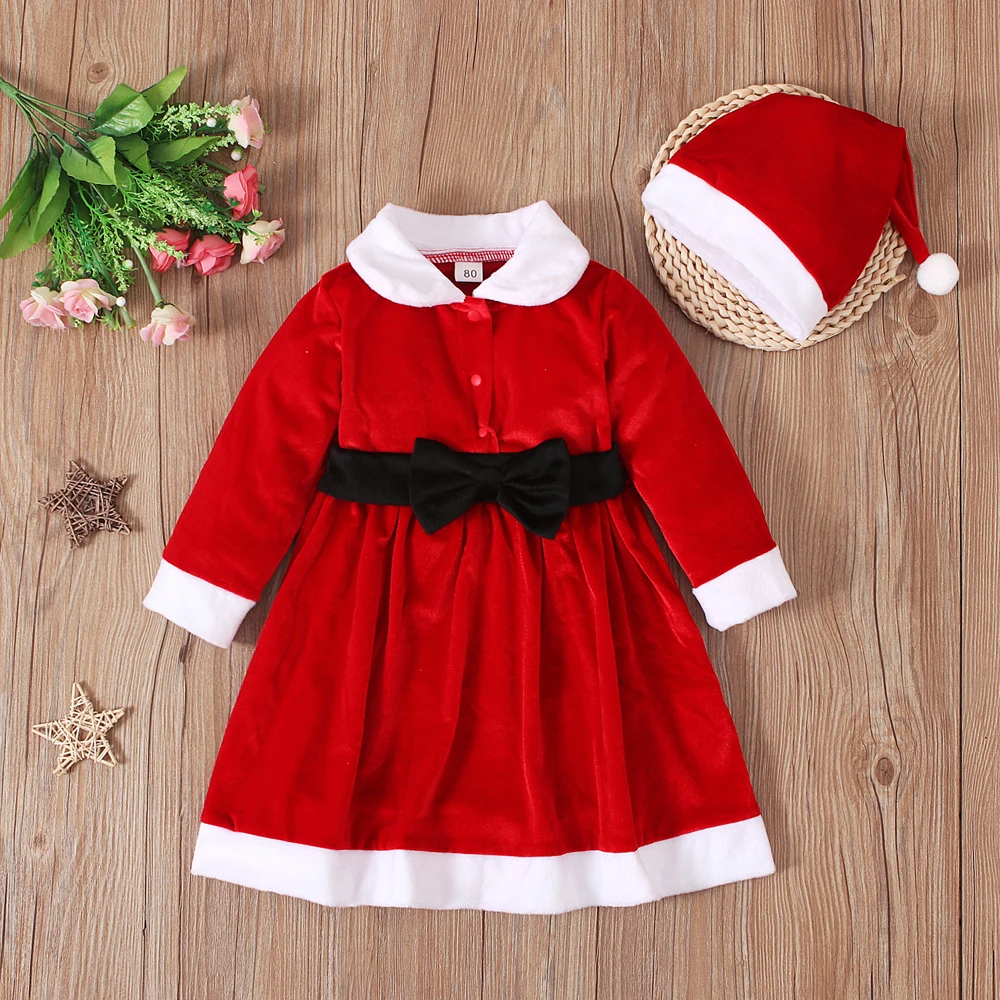 

Children's European and American Spring Autumn Winter Christmas Long Sleeve Dress Bow Belt Children's Skirt + Hat Childr