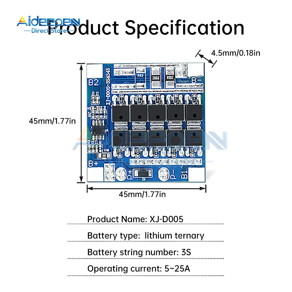 3S 12V 25A نفس المنفذ بطارية ليثيوم ثلاثية Bms 10MOS حماية ثلاثية (الشحن الزائد/التفريغ الزائد/التيار الزائد) للأدوات الكهربائية