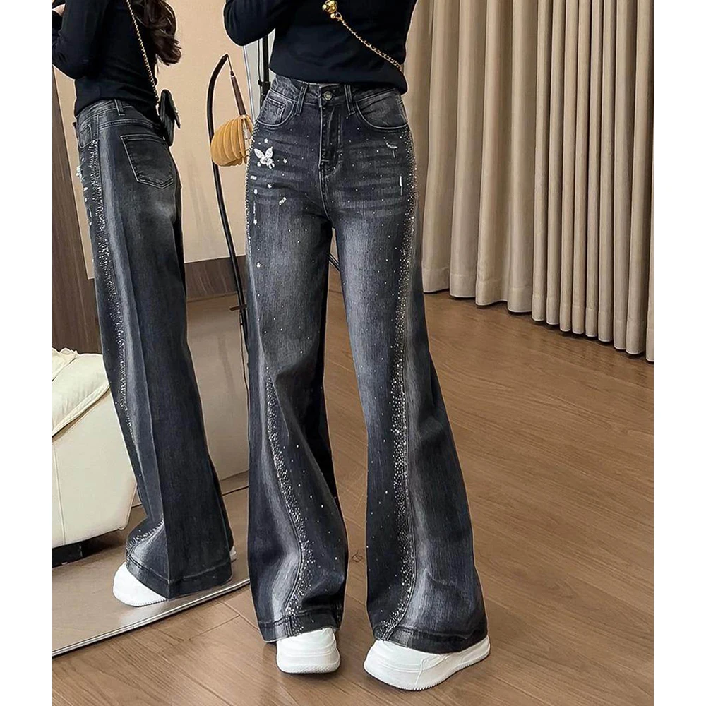 Women Black Jeans Shiny Diamond Design Wide Leg Pants Spring Autumn Fashion High Waist Straight Loose Trouser Trendy Denim Pants