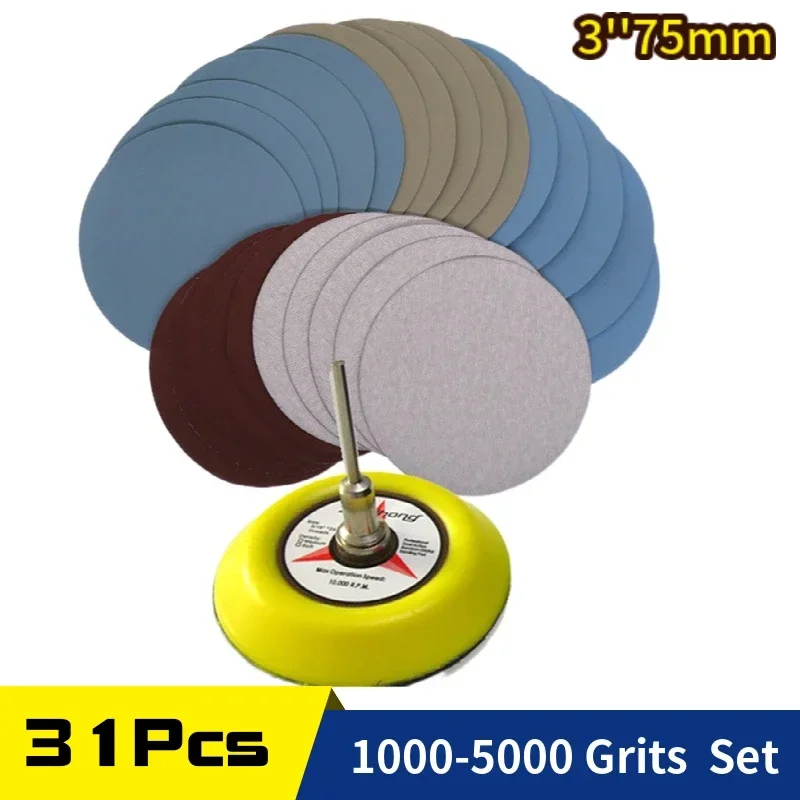 

25 Pcs 3 Inch 75 MM Assorted Grit Sandpaper Sanding Disc Wet Dry Hook And Loop With 1 Pc Sanding Pad 3 MM Shank Abrasive Tools