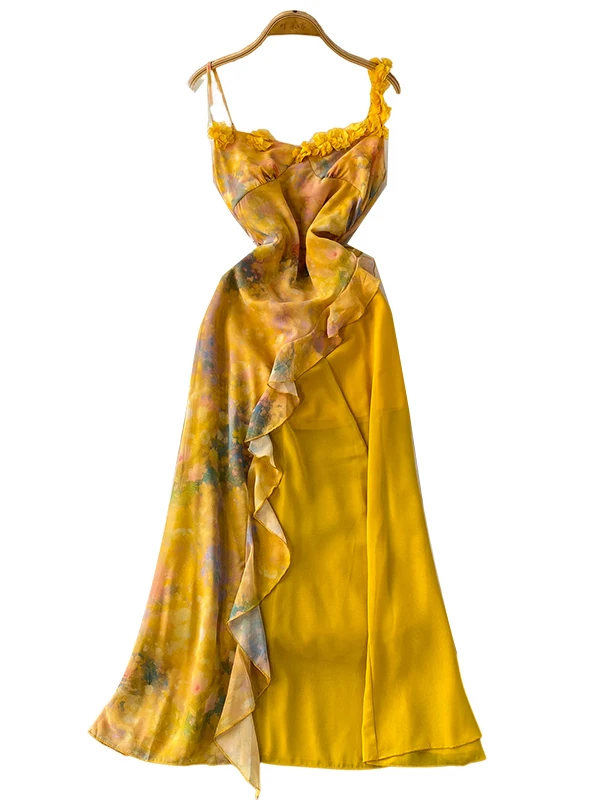 Impresionante Vestido Único 3D Floral Tie Dye de Vacaciones para Mujer con Tirantes, Falda Larga de Cintura Alta, Línea A, Ve...