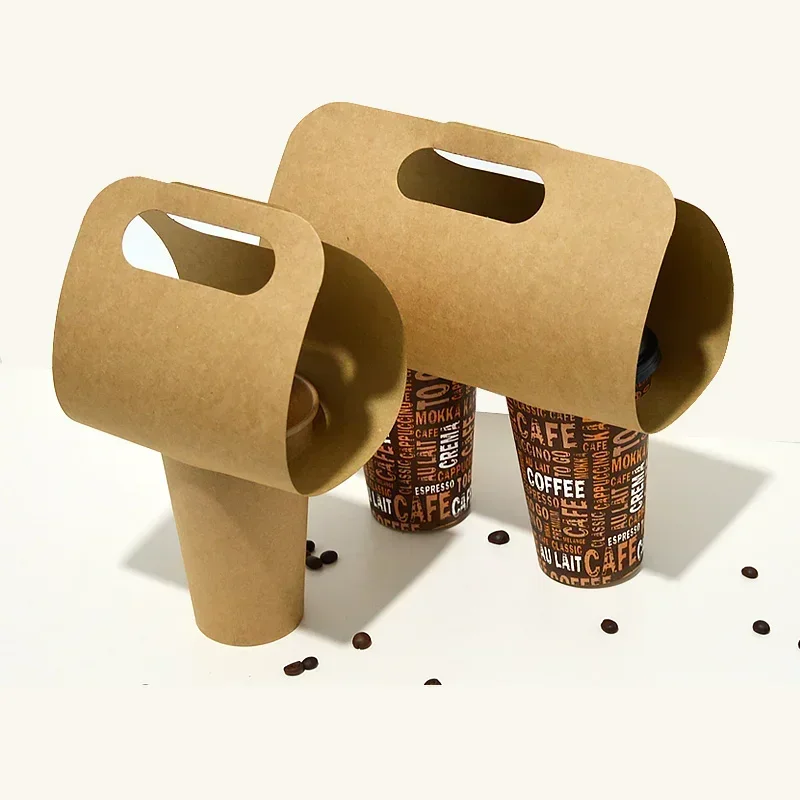 50pcs Disposable Kraft Paper Cup Holder Milk Tea Takeout Single Hole Double Hole Coffee Beverage Originality Portable Package