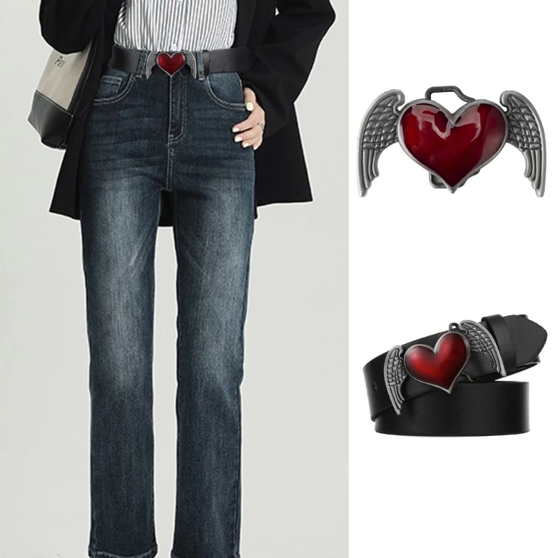 

Creatively Carved Heart Shape&Wing Buckle Belt DIY Components Western Rock Style Metal Belt Buckle for Adult Unisex