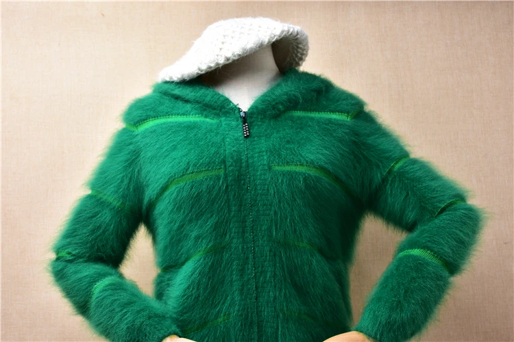 04 Ladies Women Fall Winter Clothing Green Striped Hairy Mink Cashmere Knitted Zippers Hoodie Slim Cardigans Jacket Sweater Coat